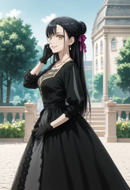 score_9,score_8_up,score_7_up,score_6_up,detailed,1girl,solo,source_anime,highres,4k,
WilliamsAlicia<lora:WilliamsAlicia>,(black hair),long hair,golden eyes,jewelry,necklace,ribbon,hair ribbon,williamsalicia,alicia,Villainess,smile,updo,looking at viewer,medium breasts,summer breeze,
An oil-painting of a close-up portrait of a woman,gazing slightly upwards with a serene,ethereal expression. She wears lipstick,enhancing her fair,porcelain-like skin,black dress,updo,fullbody,gloves,outside,park,sunny day,hand on her face,full body,highheels,black gloves,long sleeves,from side,from belog,pov face,long hair,