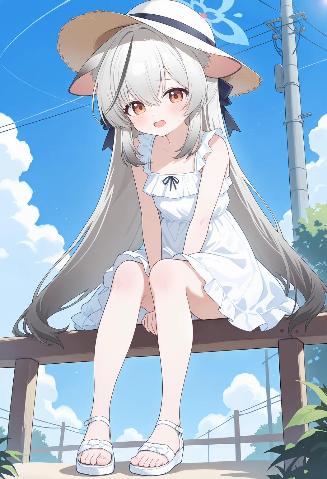,kokona \(blue archive\), 1girl, solo, long hair, looking at viewer, blush, smile, open mouth, black hair, dress, hat, hair between eyes, sitting, brown eyes, full body, grey hair, multicolored hair, outdoors, frills, sky, sleeveless, alternate costume, day, cloud, white dress, streaked hair, halo, blue sky, orange eyes, toes, sleeveless dress, white headwear, sandals, frilled dress, sun hat, fence, railing, straw hat, sundress, blue halo, power lines, utility pole, tiger girl, contrail,<lora:TestTestTest!\trained-000150.safetensors:0.95:1>,,embedding:lazypos, masterpiece,best quality,newest,absurdres,highres,very awa,detail background <lora:None:0.30000000000000004>