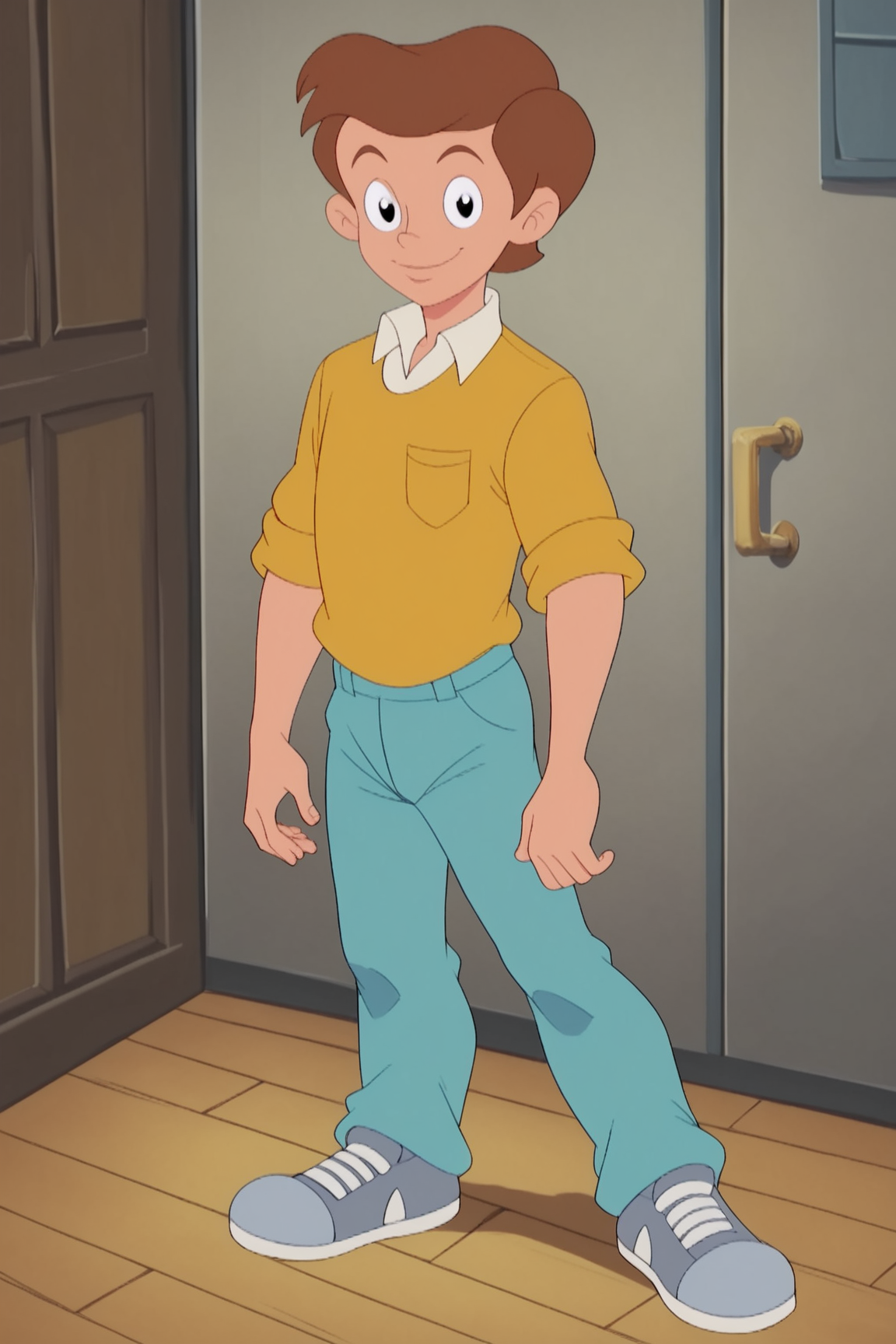 score_9, score_8_up, score_7_up, score_6_up, BREAK, TommySPLXL, retro artstyle, black eyes, brown hair, short hair, male child, pectorals, white collar shirt, yellow shirt, sleeves rolled up, blue pants, grey shoes, solo, full body, standing, seductive smile, looking at viewer, indoors <lora:TommySPLXL:1>
