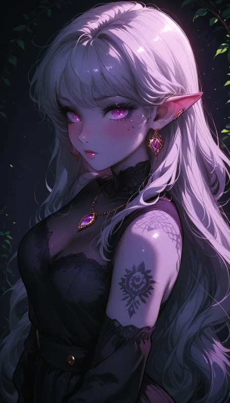 masterpiece,
perfect eyes, vivid colors, vibrant colors,
pinkretroanime, retro art, (lineless:1.5), smooth edges,
, The image depicts a highly detailed and stylized character that exudes ethereal beauty. She is adorned with flowing white hair that cascades down her shoulders, and her skin has a cool blue tint, hinting at a supernatural or otherworldly origin. Her eyes are a striking shade of purple, with an intense gaze that draws the viewer in. The character's attire is a blend of darkness and elegance, with what appears to be dark feathers or leaves adorning her neckline, adding a touch of mystery and intrigue. A black choker with a small, gem-like pendant encircles her neck, providing a stark contrast against the lighter elements of her outfit. The background is a lush tapestry of blue hues, with hints of green foliage suggesting a forest or jungle setting. The atmosphere is one of serene majesty, with soft lighting that casts gentle shadows across the character's face and body, enhancing the three-dimensional quality of her form. The image has an artistic, almost photorealistic style, with meticulous attention to detail in the rendering of her hair, skin, and clothing textures. The perspective is slightly from above, providing a comprehensive view of the character while maintaining a sense of mystery about her face. The overall composition of the image evokes a sense of calmness and strength, as if the character is at one with nature and yet stands out in her own right., 1girl, solo, long hair, breasts, looking at viewer, blush, bangs, simple background, shirt, long sleeves, dress, bare shoulders, jewelry, medium breasts, very long hair, closed mouth, purple eyes, upper body, white hair, grey hair, earrings, parted lips, detached sleeves, sleeveless, pointy ears, looking back, pink eyes, necklace, black dress, from side, lips, see-through, looking to the side, black shirt, eyelashes, tattoo, makeup, colored skin, leaf, piercing, lipstick, black background, elf, ear piercing, eyeshadow, hoop earrings, nose, blue skin, red lips, arm tattoo, grey skin, purple skin, dark background, purple lips, dark elf, blue lips, black lips, long pointy ears, lip piercing