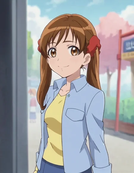 score_9, score_8_up, score_7_up,anime screencap,1girl,solo,sakagamiayumi, skirt, looking at viewer, smile, blue skirt, long sleeves,yellow shirt,blue jacket, medium breasts,<lora:sakagamiayumi:0.8>