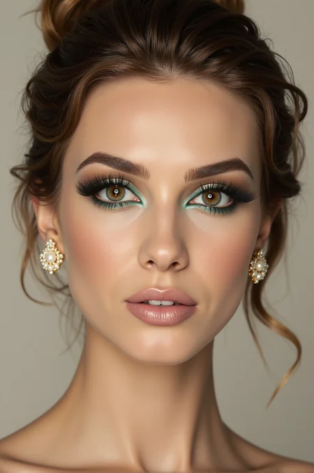 <lora:FFS_v.4:0.75> FFS style face. A woman with an elegant and sophisticated style. She is a young woman with fair skin, a flawless complexion, and a subtle, radiant glow. Her hair is a medium brown, styled in an elegant updo with loose, wispy strands framing her face. She has striking, expressive hazel eyes with a hint of green, enhanced with dramatic, voluminous false lashes and smoky eye makeup featuring a gradient of teal and brown eyeshadow that subtly transitions from the roots to the outer corner of her eyes. Her eyeliner is bold and precise, with a slight wing, and her lashes are coated in a generous layer of mascara. She has full, plump lips with a glossy, nude shade of lipstick, adding to her polished look. She is adorned with a pair of ornate, white pearl stud earrings, each featuring a delicate, intricate design that adds an elegant touch to her appearance.