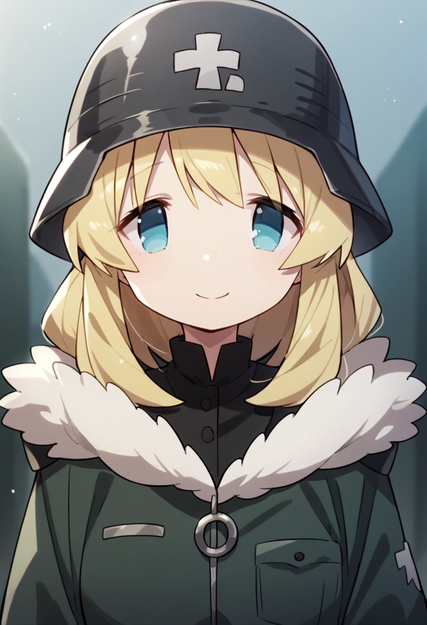 score_9, score_8_up, score_7_up, source_anime,yuuri, blonde hair, blue eyes, 1girl, solo, helmet, military helmet, fur trim, uniform, military, military uniform, smile, coat, closed mouth, upper body