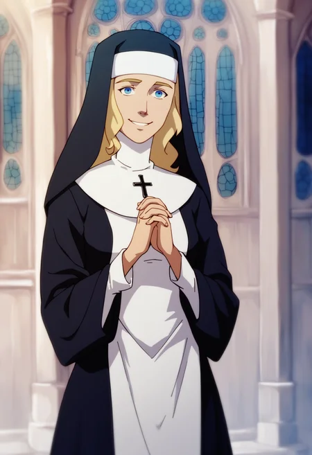 score_9, score_8_up, score_7_up, score_6_up, score_5_up, score_4_up, BREAK,
1girl, blonde hair, blue eyes, long hair, nun, boots, dress, hat, robe,
upper body, warm smile, looking at viewer, solo, standing, church background <lora:FantasyWesternAnimation_YoungJusticeDCAMU_v2:1>