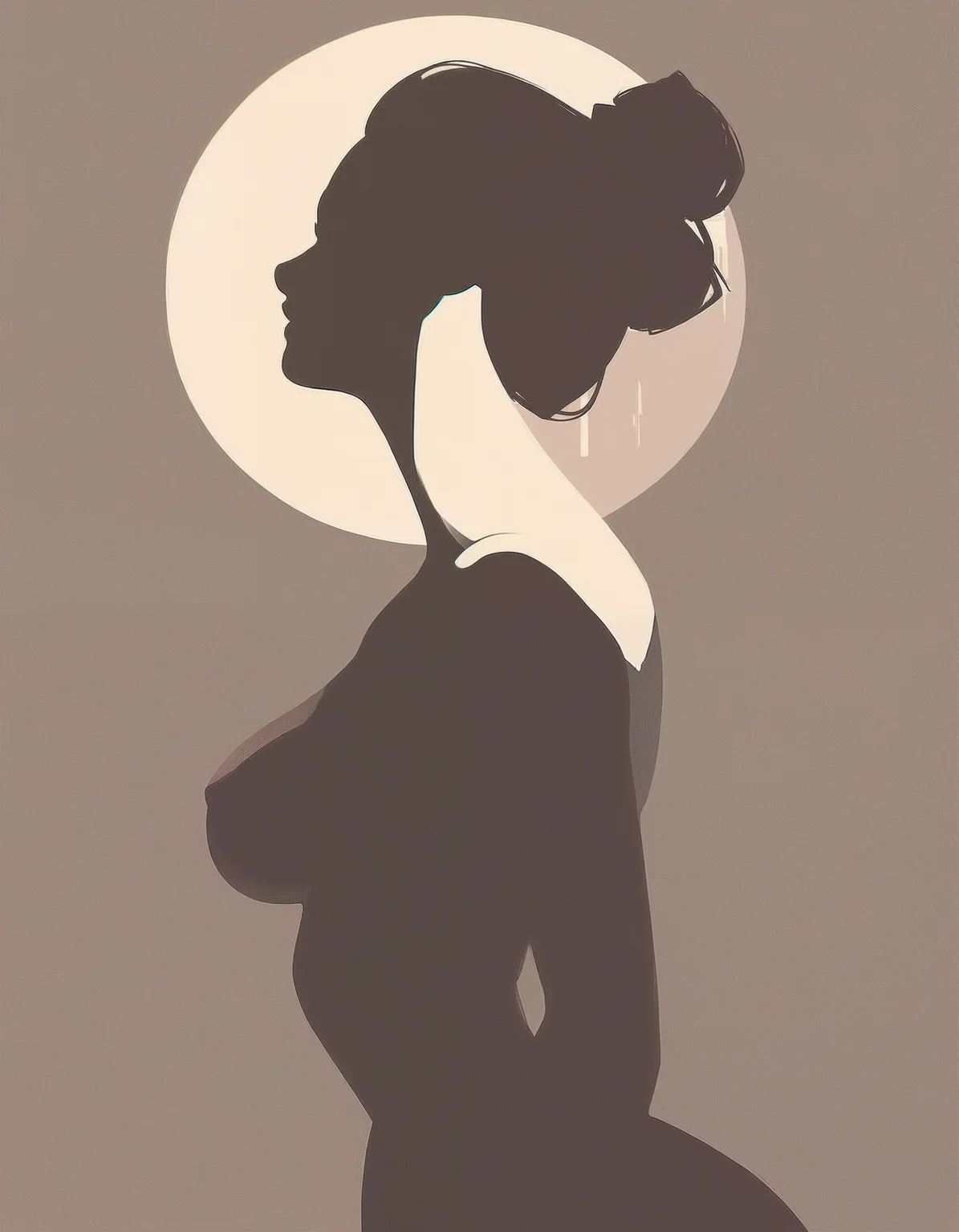 score_9_up, score_8_up, score_7_up, score_6_up, score_5_up, score_4_up, minimalistic, flat color, no lineart, 1girl, side view, silhouette, hair bun, perfect body, nude, naked, large breasts, hard nipple, simple colorful background