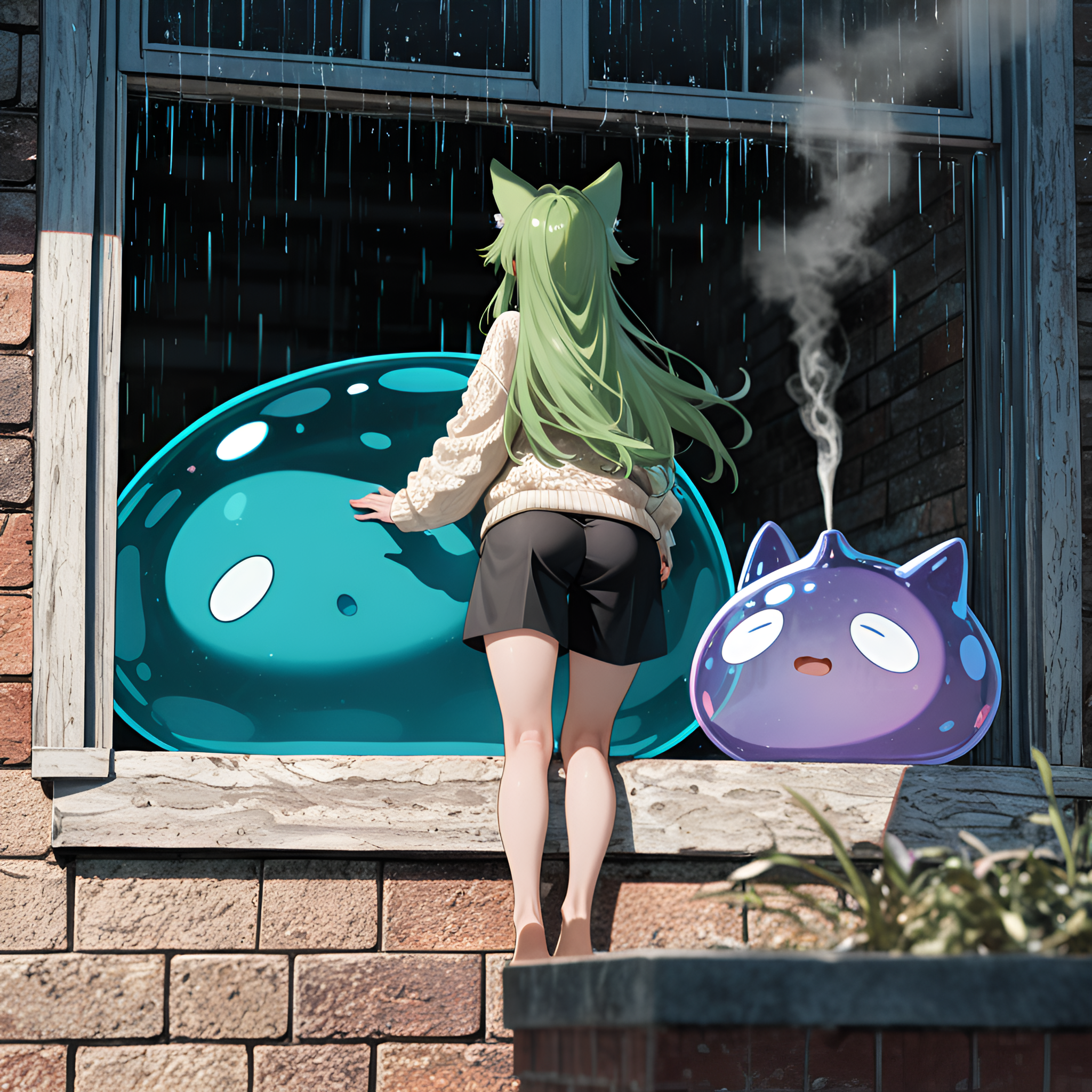 snowy, barefoot, Cottage, black culottes, best quality, Cel Shading, Diagonal view, absolutely eye-catching, anime character, Neon Plum Theme, absurdres, RTX, spring, (tensei_shitara_slime_datta_ken), Green hair, cat_ears, depth of field, nail_polish, slime_(creature), frosted windows, 8K, ambient occlusion, blurry foreground, motion_lines:1.1, ultra-detailed, slime, motion_blur:1.1, 1girl, newest, huge breasts, leather mules, Back turned pose, vhs tape aesthetic, Akame (Akame ga Kill), attacking with sharpened fighting fans, tan skin, amazing quality, smoke from chimney, Cream knit sweater, Elegantly disheveled, long hair, masterpiece, very aesthetic