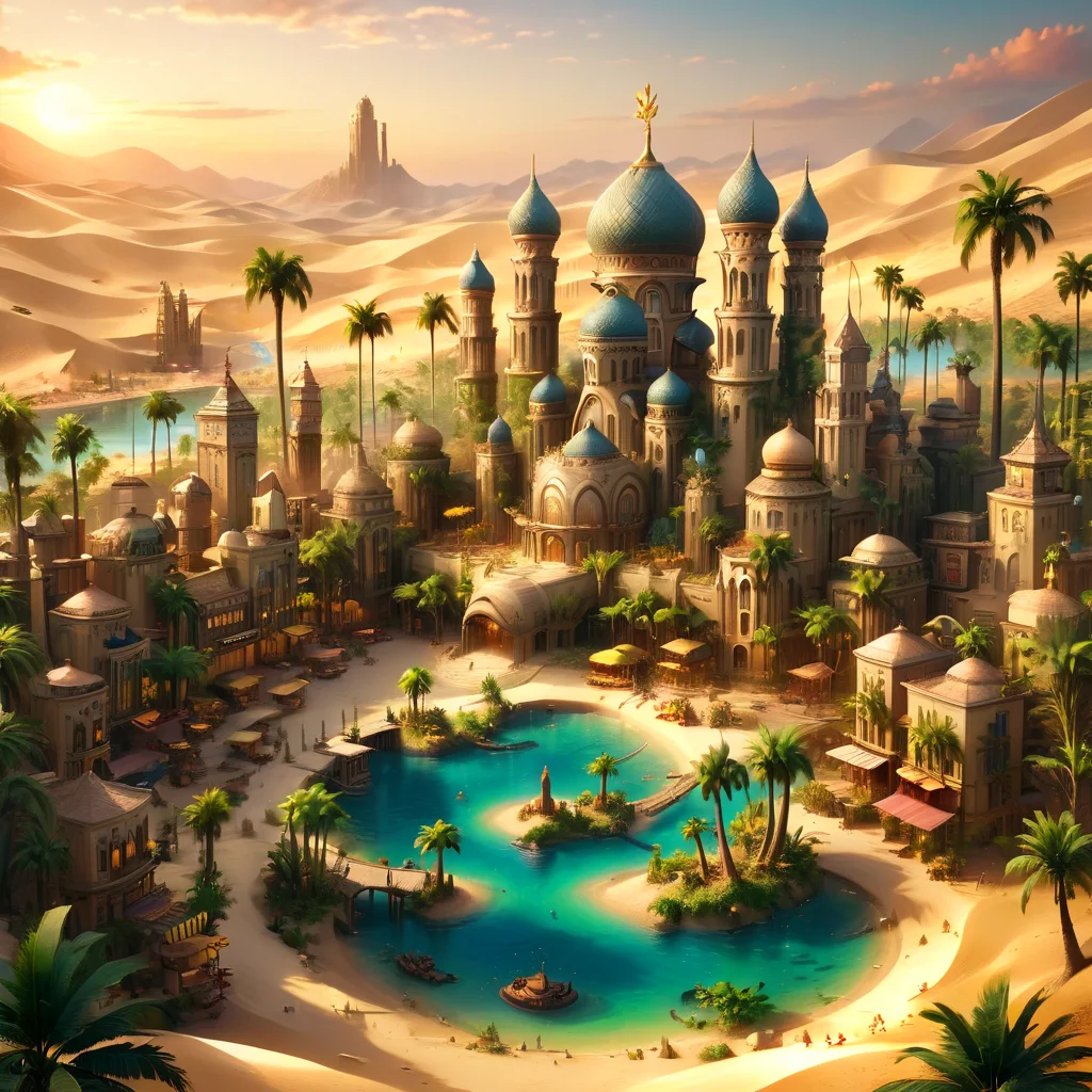 Masterpiece,8k,absurd resolution,I
ImaginaryCityScapes,oasis city,outdoors,sky,cloud,water,tree,no humans,water,building,scenery,sunset,city,sand,palm trees,banana trees,watercraft,towers
,<lora:City_scapes_XL:0.6>