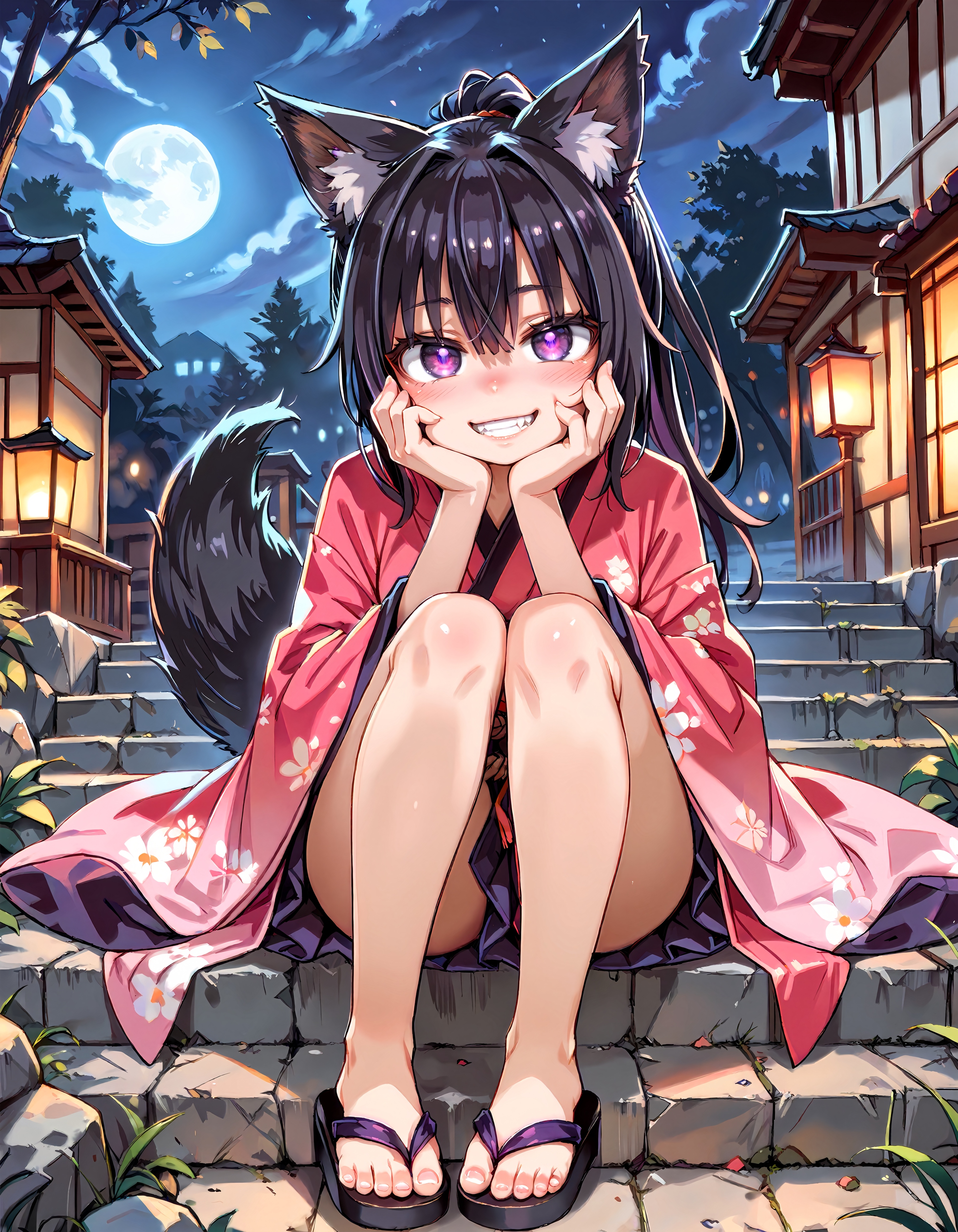 score_9, score_8_up, score_7_up, source_anime, uncensored, AsanagiP,  1girl, solo, foxgirl, purple eyes, glowing eyes, black hair, ponytail, animal ear fluff, medium breasts, black tail, pink kimono, blush, grin, fang, toes, sandals, bottomless,  full body, reclining, yandere trance, hands on own face, arm rest, looking at viewer,  night, darkness, stone stairs, glowing light  <lora:eye_focus_lora_v1:1> <lora:AsanagiP_v2:0.7>