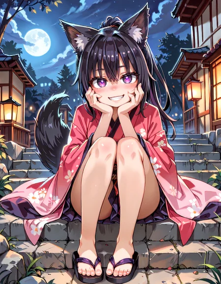 score_9, score_8_up, score_7_up, source_anime, uncensored, AsanagiP,  1girl, solo, foxgirl, purple eyes, glowing eyes, black hair, ponytail, animal ear fluff, medium breasts, black tail, pink kimono, blush, grin, fang, toes, sandals, bottomless,  full body, reclining, yandere trance, hands on own face, arm rest, looking at viewer,  night, darkness, stone stairs, glowing light  <lora:eye_focus_lora_v1:1> <lora:AsanagiP_v2:0.7>