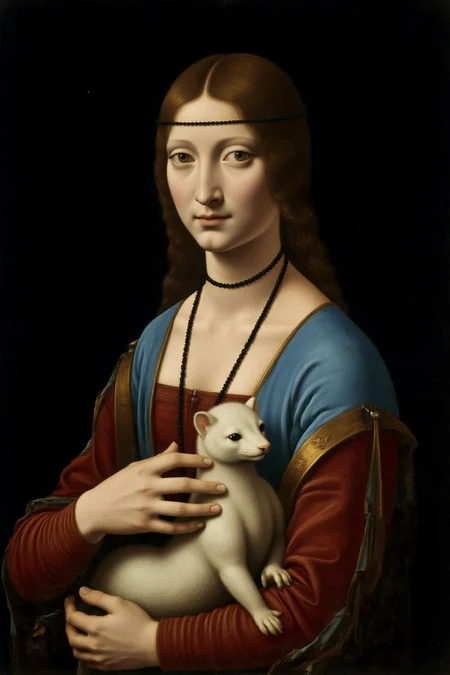 davinci1 painting.
A woman in Renaissance attire holds a white ermine. She wears a blue dress with red sleeves, a black beaded necklace, and has a serene expression. Her hair is styled simply. <lora:davinci1_cap_d6a3e12:1.0><lora:852100003672404918:0>