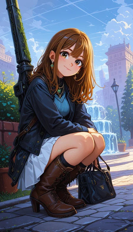 Shinkaistyle, masterpiece,
decarloxl, retro colors, 60s, retro, comic, fantasy,
jedopil, oil painting,
perfect eyes, vivid colors, vibrant colors, (lineless:1.5), 1girl, solo, long hair, breasts, looking at viewer, blush, smile, bangs, skirt, brown hair, shirt, long sleeves, holding, hair between eyes, brown eyes, jewelry, medium breasts, closed mouth, school uniform, jacket, full body, weapon, sidelocks, thighs, pleated skirt, earrings, boots, outdoors, open clothes, sky, day, socks, cloud, miniskirt, medium hair, necklace, bag, blurry, high heels, from side, sweater, open jacket, tree, blue sky, blue skirt, coat, black jacket, head tilt, plaid, kneehighs, black shirt, depth of field, blurry background, shadow, brown footwear, sunlight, squatting, blazer, white skirt, cardigan, knee boots, cloudy sky, blue shirt, light smile, plant, denim, blue jacket, black socks, building, grey skirt, cross-laced footwear, high heel boots, light blush, school bag, handbag, shoulder bag, city, lace-up boots, ankle boots, potted plant, road, cityscape, holding bag, leather, lamppost, street, weapon on back, black bag, pavement, fountain, leather boots, brown socks, denim jacket, sidewalk