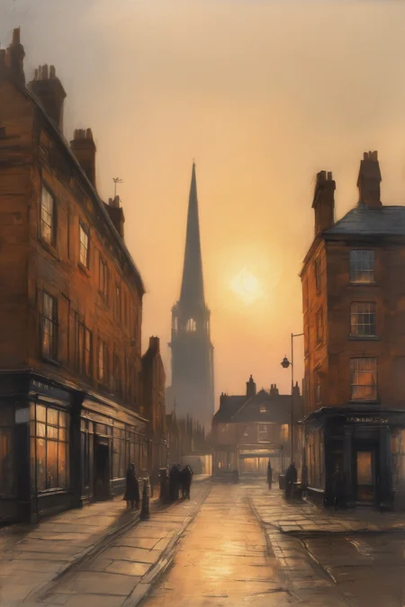 John Martin Style - turner oil sketch of a town square in a midlands industrial town seen at Sunrise