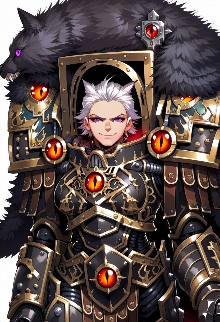 Score_9, score_8_up, score_7_up, score_6_up, score_5_up, score_4_up, FMIXF, 1girl, solo, IrisXL, white hair, short hair, hair slicked back, purple eyes, breasts, black armor, shoulder armor, gauntlets, cape, fur trim, closed mouth, smile, evil look, clenched fists, simple background white background,