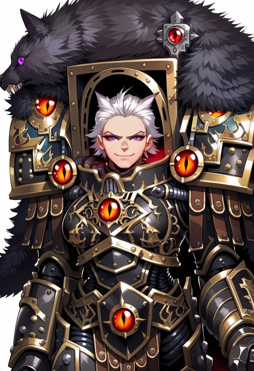 Score_9, score_8_up, score_7_up, score_6_up, score_5_up, score_4_up, FMIXF, 1girl, solo, IrisXL, white hair, short hair, hair slicked back, purple eyes, breasts, black armor, shoulder armor, gauntlets, cape, fur trim, closed mouth, smile, evil look, clenched fists, simple background white background,