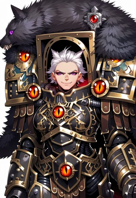 Score_9, score_8_up, score_7_up, score_6_up, score_5_up, score_4_up, FMIXF, 1girl, solo, IrisXL, white hair, short hair, hair slicked back, purple eyes, breasts, black armor, shoulder armor, gauntlets, cape, fur trim, closed mouth, smile, evil look, clenched fists, simple background white background,