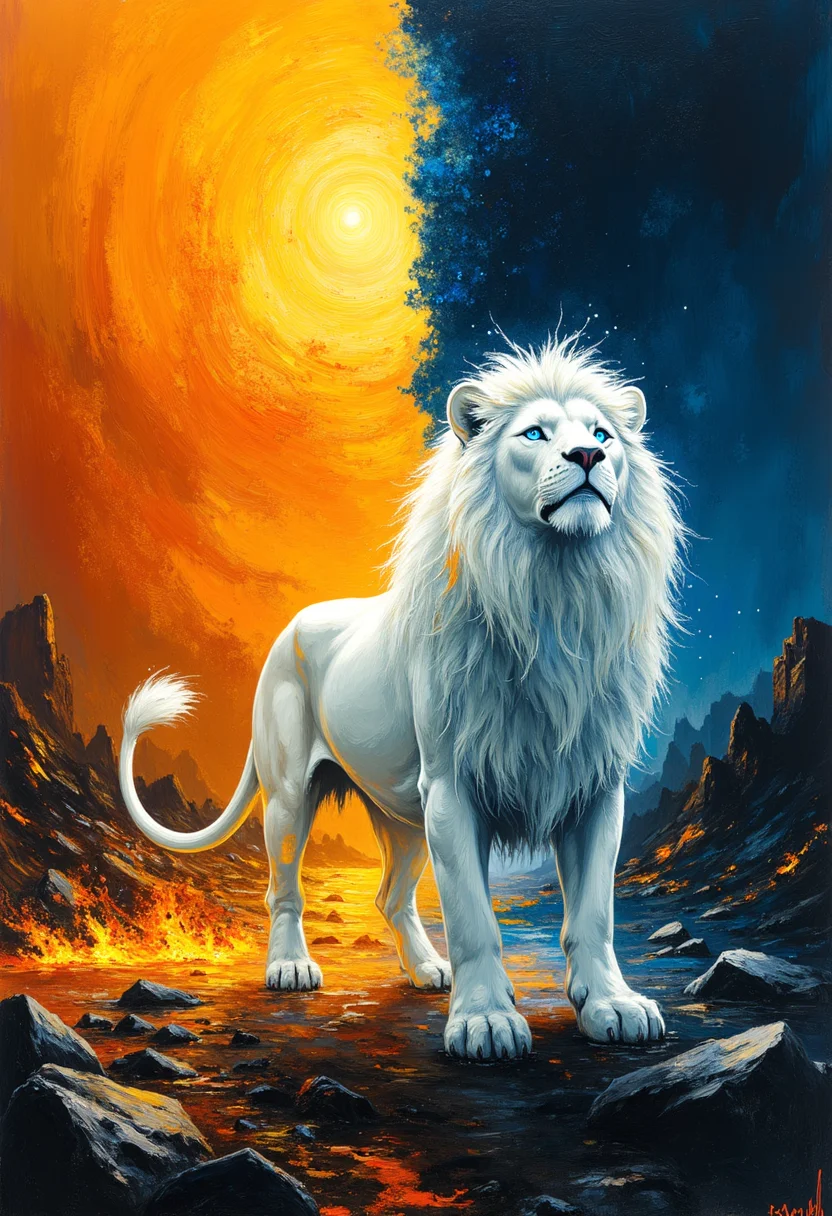 thepaintedrealm. This is a surreal oil painting created in an expressive, impressionistic style. The artwork features a majestic, otherworldly white lion standing at the center of the composition, its ethereal mane and tail ablaze with roaring flames of gold, orange, and crimson. The lionâs piercing, icy-blue eyes contrast against the inferno surrounding it, exuding both wisdom and untamed power.
The background is divided into two contrasting halves. On the left, a storm of fire and embers rages, casting an intense, golden glow across the scene. The ground cracks beneath the heat, and the swirling sky burns like a never-ending sunset. On the right, a deep, shadowy blue expanse stretches into the unknown, mist swirling around jagged rocks as cold winds howl through the darkness.
The lion stands between these realms, neither fully belonging to fire nor to shadow, embodying both destruction and protection. Flames flicker off its powerful form, casting dancing reflections on the ground as it gazes toward an unseen destiny, a guardian of balance in a world on the edge of chaos.