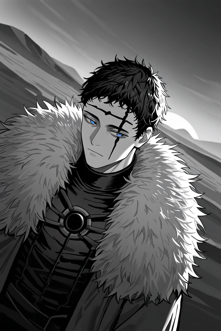 black sun, greyscale, realistic shading, dimlighting, facial marked-male focus, expressive expressionless face, zenonbc, black_zenonbc_facial mark, black_zenonbc_short hair, blue eyes, 1boy, looking away, shiny skin, hands in coat, fur-trimmed coat, dark outdoors desert, bleak environment, dark environment, shadow, foreshortening, dutch angle, dynamic angle, dynamic action, intricately detailed illustration, cinematic, depth of field, atmospheric perspective, masterpiece, best quality, amazing quality, very aesthetic, absurdres, newest