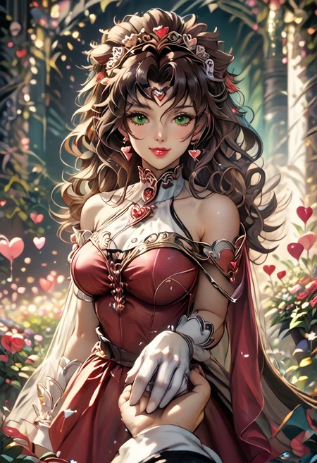 zPDXLxxx ((score_9, score_8_up, score_7_up)), masterpiece, perfect anatomy, perfect face, 1girl, solo, roguexmxl, valentinenaturestyle BREAK green eyes, lipstick, brown hair, two-tone hair, white hair, long hair, messy hair, big breasts BREAK red dress, love dress, elbow gloves, white gloves, heart choker, looking at viewer, tiara, holding hands, solo focus, pov hands, out of frame, happy, smile, closed eyes BREAK indoors, valentine decorations