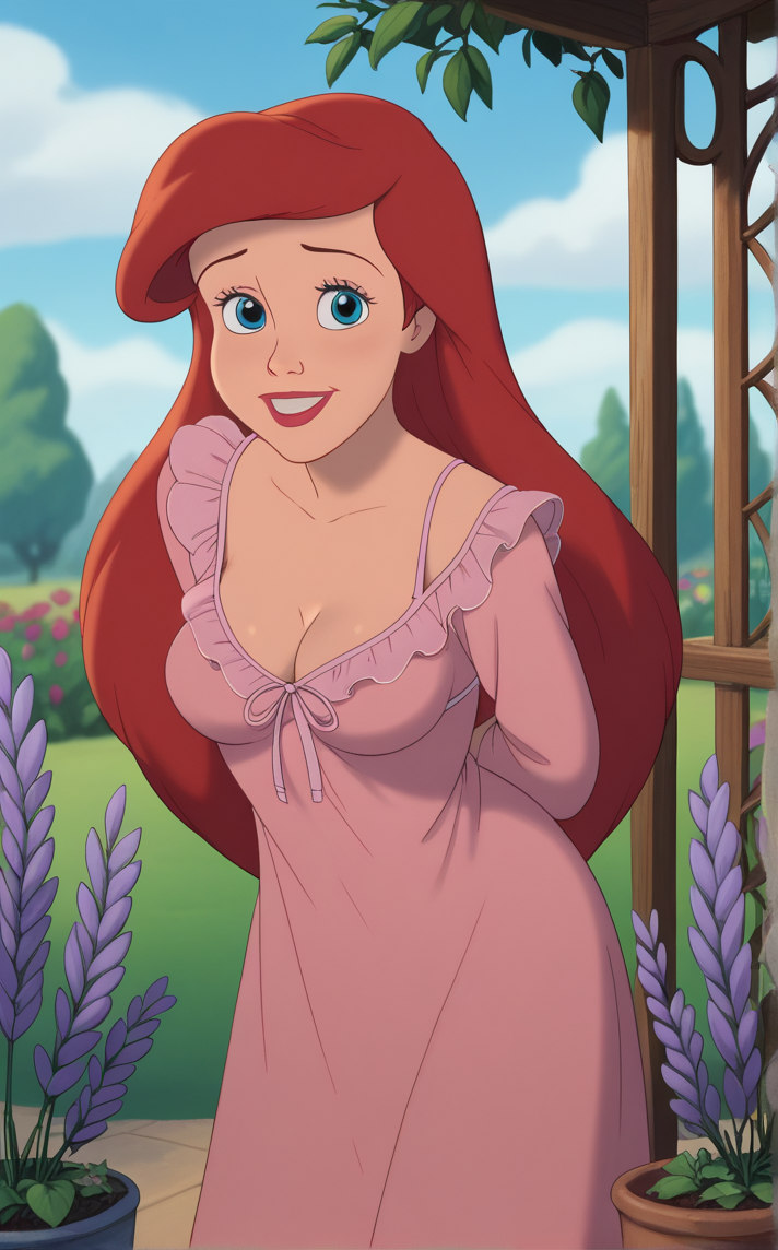 score_9, score_8_up, score_7_up, absurdres,leaning forward, arms behind back, cowboy shot, garden, wisteria, outdoors, depth of field, solo, looking at viewer,  <lora:PONYXL_Princess_Arial_ownwaifu:1> BREAK  NightGownDress_Princess_Arial_ownwaifu, 1girl, big hair, blue eyes, eyelashes, long hair, red hair, red lips, lipstick, makeup, long sleeves, nightgown, pajamas, pink dress, cleavage, breasts, frills, medium breasts, sleepwear, wide sleeves,   <lora:add-detail-xl:0.15>,