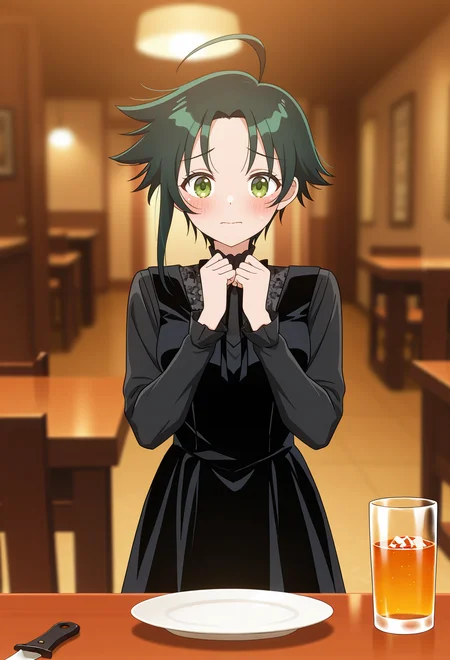 <lora:MINAMI SHIUNJI_illustrious-000026:1>,
MINAMI SHIUNJI, solo, dress, blush, blurry, indoors, knife, blurry background, drinking glass, black dress, plate, long sleeves