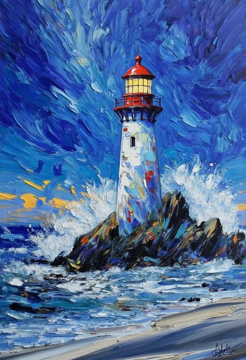 impasto oil painting, Vibrant and dynamic illustrations and vectors, a picturesque 1lighthouse standing tall on a small island, detailed waves crashing on the shore,night,starry sky,shooting star, vibrant colors, dynamic composition, digital painting, Studio Ghibli-inspired, cozy lighting, whimsical atmosphere, by Junji Ito and Hayao Miyazaki, artstation trending, 4k resolution. Masterpiece.