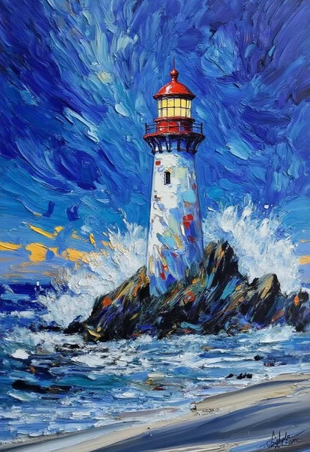 impasto oil painting, Vibrant and dynamic illustrations and vectors, a picturesque 1lighthouse standing tall on a small island, detailed waves crashing on the shore,night,starry sky,shooting star, vibrant colors, dynamic composition, digital painting, Studio Ghibli-inspired, cozy lighting, whimsical atmosphere, by Junji Ito and Hayao Miyazaki, artstation trending, 4k resolution. Masterpiece.