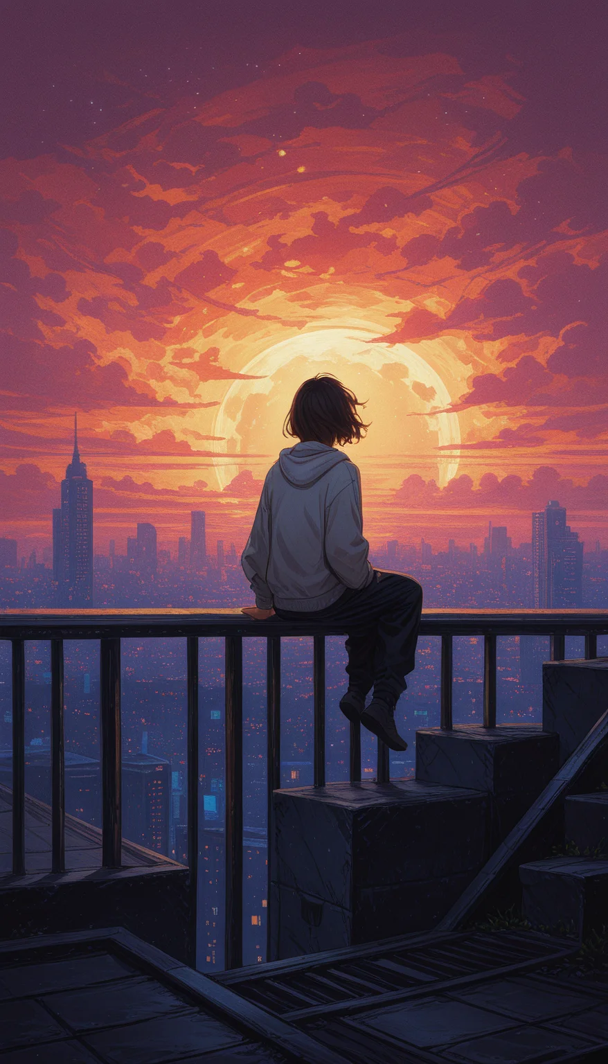 Shinkaistyle, masterpiece,
decarloxl, retro colors, 60s, retro, comic, fantasy,
jedopil, oil painting,
perfect eyes, vivid colors, vibrant colors, (lineless:1.5), light from front, 1girl, solo, short hair, brown hair, black hair, long sleeves, 1boy, sitting, jacket, male focus, outdoors, sky, pants, cloud, hood, medium hair, from behind, blurry, hoodie, night, shadow, arm support, black pants, moon, hood down, cloudy sky, wind, building, star \(sky\), night sky, scenery, hooded jacket, full moon, backlighting, sunset, city, hands in pockets, railing, sun, horizon, facing away, cityscape, dark, looking afar, checkered floor, wide shot, white hoodie, twilight, skyscraper, evening, rooftop, grey hoodie, orange sky, city lights, red sky, balcony, skyline