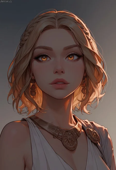(score_9, score_8_up, score_7_up). ( line work, excellent drawing, highest quality, extremely detailed:1.2). 1woman, Greek Goddess Aphrodite, perfect face, beautiful gold eyes, long lashes, glossy lips, blonde, ancient greek dress, g0thicPXL, romantic, cinematic lighting, volumetric lighting, motion effects, source_cartoon