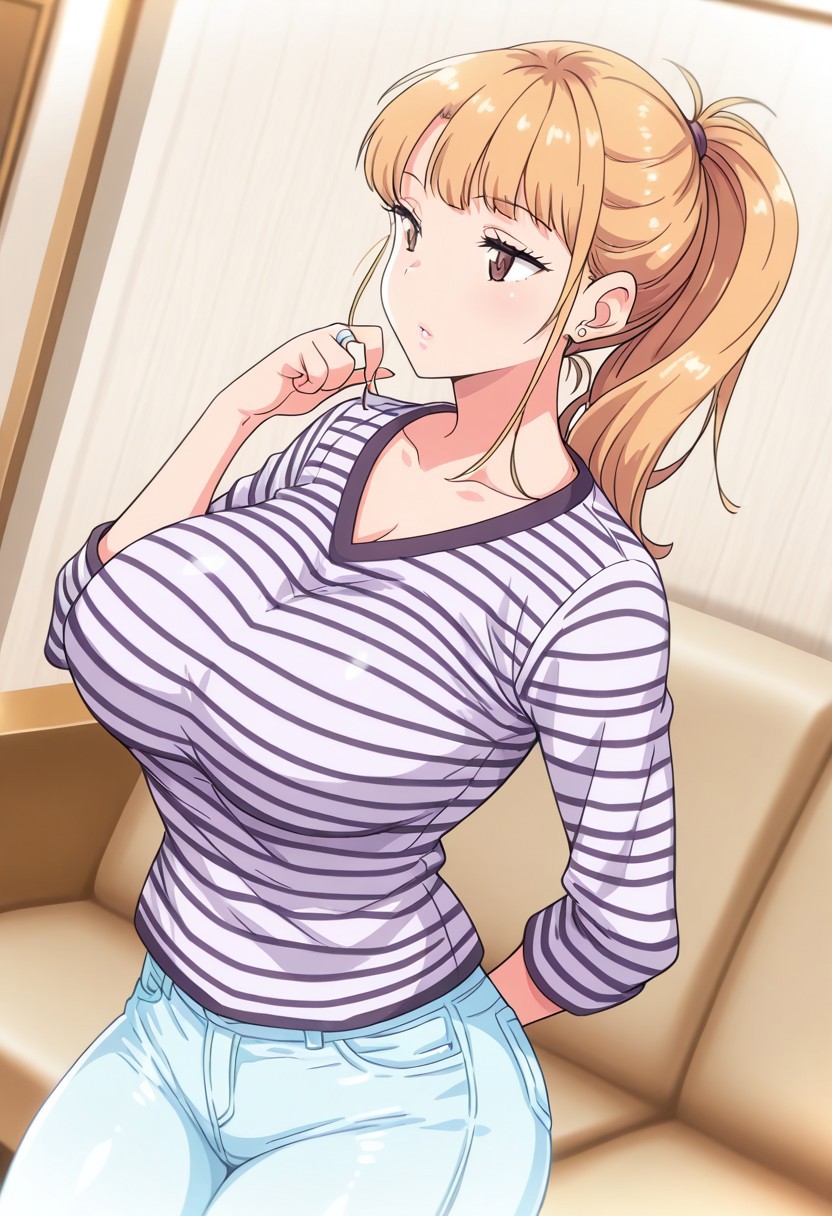 incredibly absurdres,masterpiece,absurdres,high quality,volumetric light,(very aesthetic),dutch angle,cowboy shot,indoors,living room,1girl,aika,brown eyes,blonde hair,long hair,jewelry,earrings,stud earrings,ring,wedding ring,ponytail,bangs,breasts,large breasts,shirt,striped shirt,jeans,denim,sexy thighs,upper body,volumetric light,standing,posing,friendly