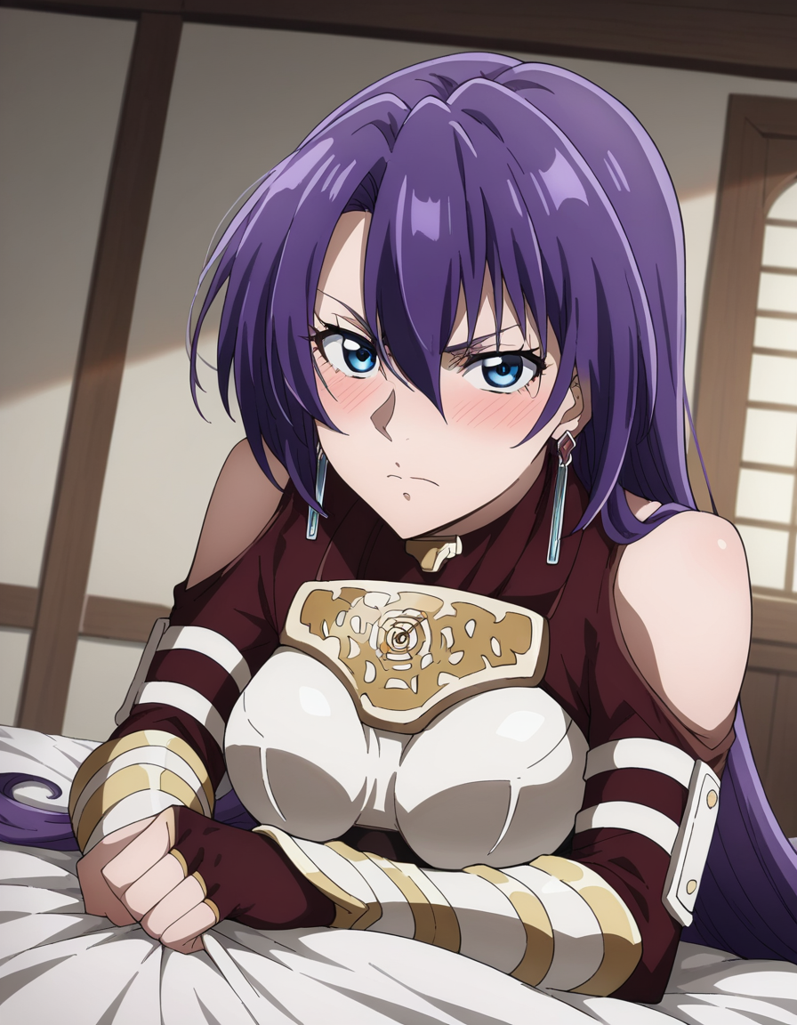 score_9, score_8_up, score_7_up, source_anime,
arthurpencilgon, <lora:arthur-pencilgon-ponyxl-lora-nochekaiser:1>,
arthur pencilgon, long hair, blue eyes, hair between eyes, very long hair, purple hair,
gloves, belt, armor, clothing cutout, breastplate, bare shoulders, earrings,
indoors, bed, bed room, on side, blush, drunk,
looking at viewer, dutch angle, cowboy shot,