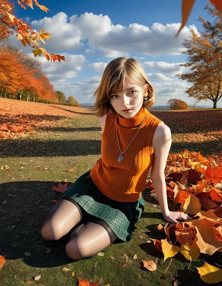 HDR photo of photo, from above,  portrait of  (ellfrya:1.2), kneeling, curious,  looking at viewer,  <lora:Ella_Freya_v1_biglust:1>,  sleeveless turtleneck, green skirt, orange jacket,  stockings, boots, wind, floating leaves <lora:Dramatic Lighting Slider:2>, outdoors, blue sky, clouds,  scenery,, score_9, score_8_up, score_7_up, . High dynamic range, vivid, rich details, clear shadows and highlights, realistic, intense, enhanced contrast, highly detailed