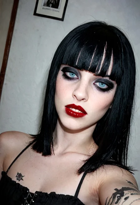 BREAK, RAW, horsefaced, teeth, medium_shot, 1girl, portrait of a beautiful goth, Horsefaced, black hair, black bangs, Blunt bangs paired with shoulder-length hair, pale skin, red lips, cute, eyeliner, makeup, seductive stare, tired eyes, upturned eyes, eyelashes, bangs covering forehead, long face, rectangle head, long nose, Goth Girl, looking at the viewer, shelly duval, subtle smile, visible teeth, oval jawline, hair covering forehead, bust up photo, selfie, black fingernails, gothic top, slf