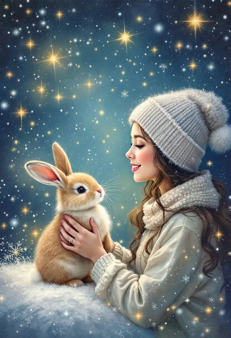 detailed colored new year oil drawing in style of children's greeting card, absorbent cotton paint impression, woman with little bunny, funny, light spots, snowflakes fall from the sky, waiting for miracles, сhristmas tree, glow,pearls, intricate details, professional photoshoot, vivid colors, hyper-detailed, ultra-sharp