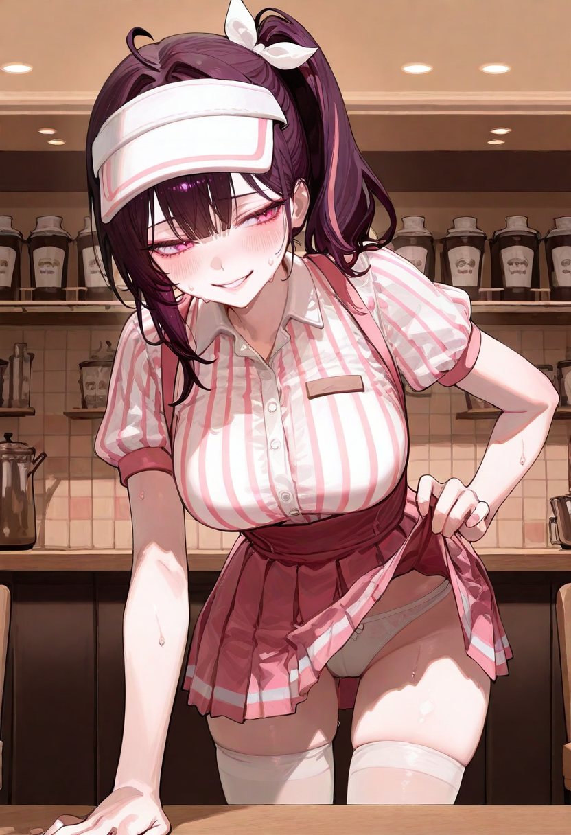 large breasts, detailed body, detailed eyes, narrow waist, (dynamic pose:1.2), cowboy shot,
mature female, korean, korean idol, (mature eyes:1.2),
(pale skin:1.1), (blush:1.2), 
looking to the side, skirt lift, upskirt, sweat, clothes lift, 
cafe, from below, reaching, bent over, white panties, naughty face, detailed panty,
(1girl, solo:1.1),
complexion, healthy glow, long waist, long legs,
masterpiece, best quality, good quality, newest, very aesthetic, absurdres,
<lora:ì£¼ì ì_ì£¼ë¥´ë¥´__Jururu_Petrol_Station_Clothes:0.7> petrolruru, purple hair, pink eyes, pink streaked hair, side ponytail, thighhighs, skirt, short sleeves, pantyhose, shirt, white pantyhose, visor cap, striped shirt, bow, smile, collared shirt, (microskirt:1.1), pleated skirt, cowlick,