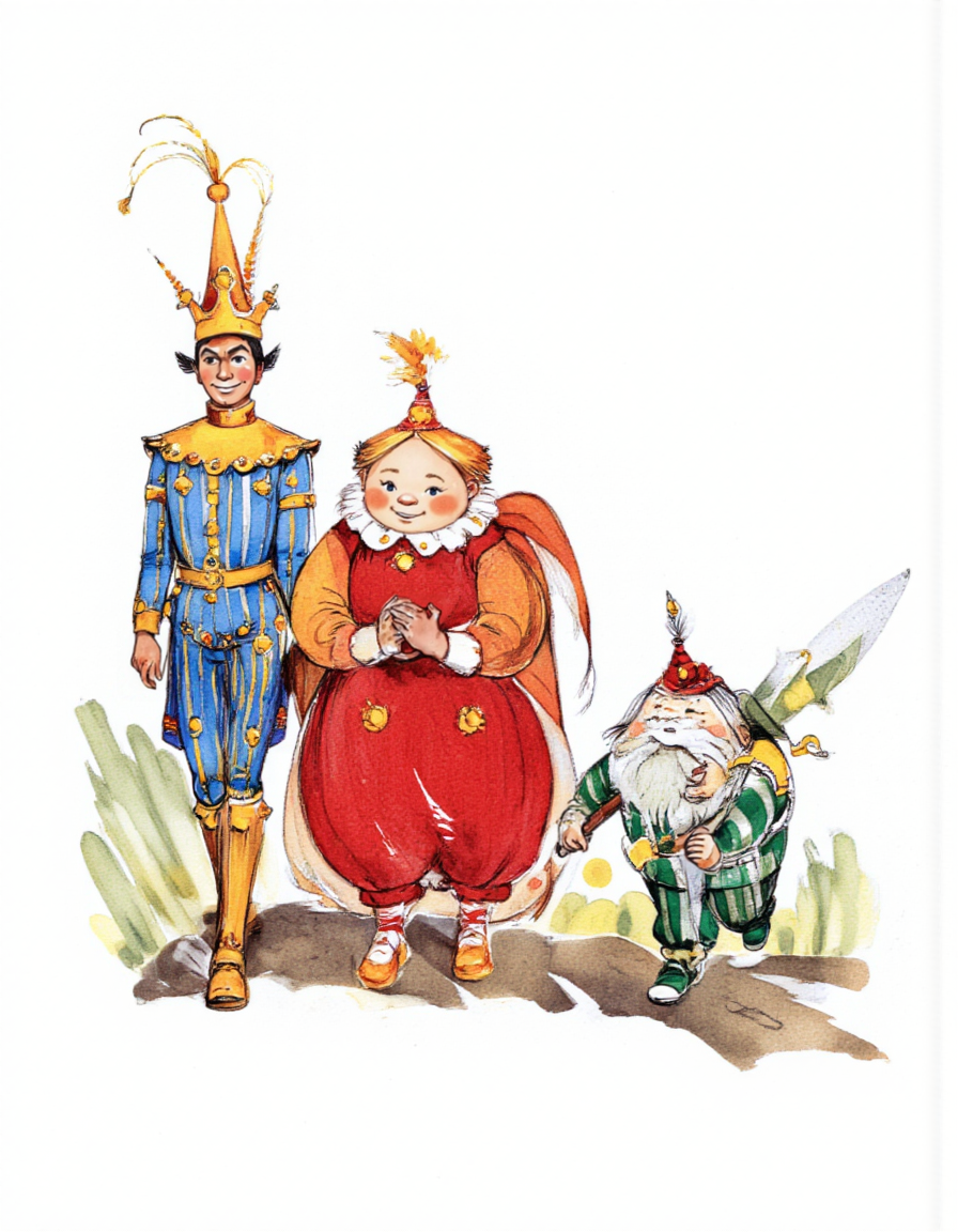 <lora:LV_NEW:1>This image is a hand-drawn illustration in a whimsical, cartoon style. It depicts three figures dressed as royalty, walking along a path. The figure on the left is a tall, slender man with a crown adorned with small, yellow jewels. He wears a blue and yellow striped outfit with a gold belt and matching shoes. The middle figure is a plump, rosy-cheeked woman with a large, round body. She wears a red dress with gold trim and a matching crown. Her hands are clasped in front of her. The third figure is a short, stout man with a green and white striped outfit and a white collar. He wears a green crown and carries a large, curved sword at his side. All three characters have exaggerated facial features and simple, stylized expressions. The background is plain, with no visible details, keeping the focus on the characters. The illustration uses a combination of watercolor and ink, with vibrant colors and a soft, textured finish. The overall mood is playful and whimsical, capturing a fantastical, medieval setting.