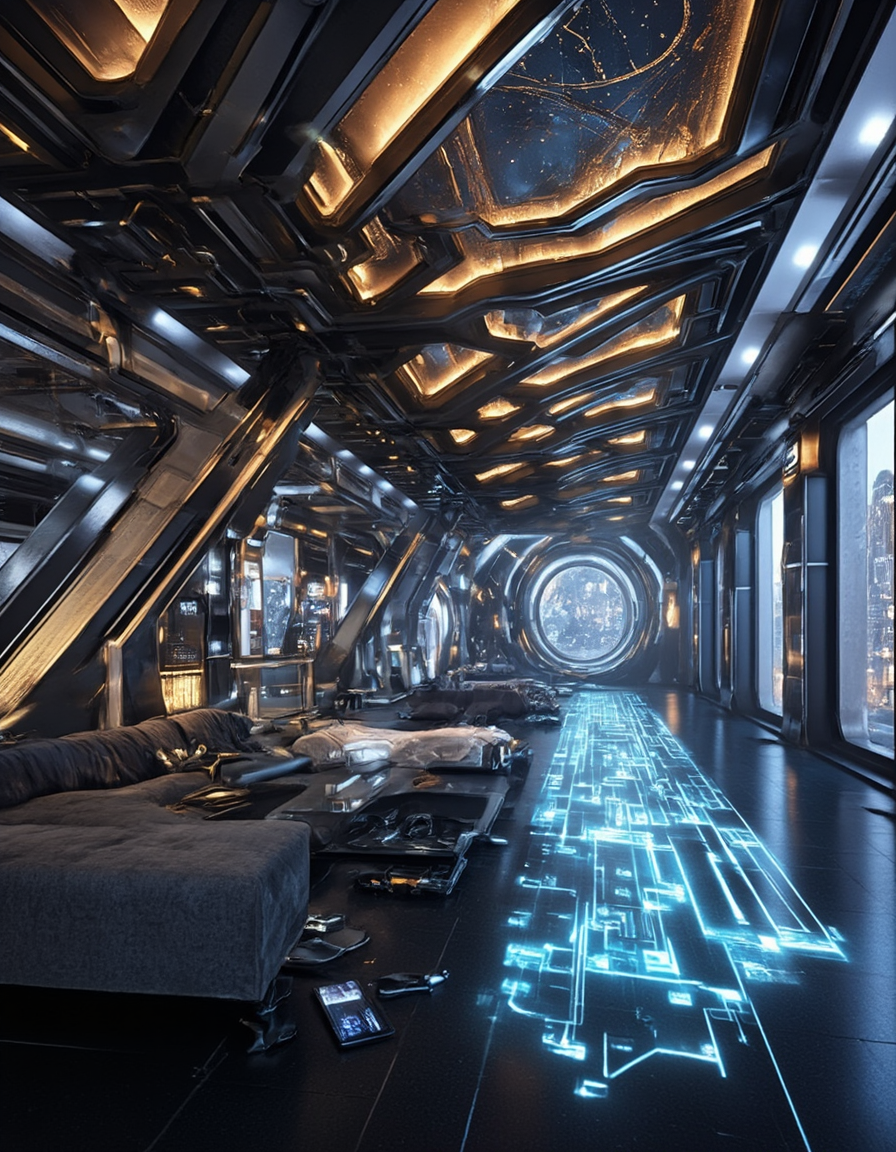 <lora:Home_R01fluxb:1> homer01, photo of a living room, luxurious design, Futuristic sci-fi lounge, diagonal beams, Futuristic cyberpunk cityscape, urban station, geometric patterns, futuristic tools on the floor, advanced holographic displays, intricate frescoes, metallic structure, sleek ramp, vertical cityscape, Astronomical instrument