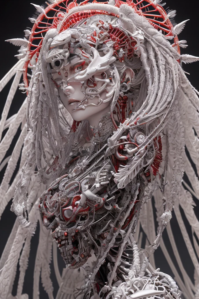 complex 3d render ultra detailed beautiful death angel, biomechanical cyborg, analog 150 mm lens, beautiful natural soft rim light, crystal feathers, roots, fine foliage lace, colorful details, Boris Bidjan Saberi outfit, pearl earrings, piercing, art nouveau fashion embroidered, intricate details, mesh wire, mandelbrot fractal, facial muscles, cable wires, microchip, badass, hyper realistic, ultra detailed, octane render, volumetric lighting, 8k post-production, red and white with a bit of black, detailled metalic bones, semi human, iridescent colors, Glenn Brown style, futuristic room, power of the god, high-angle shot, complex body poses