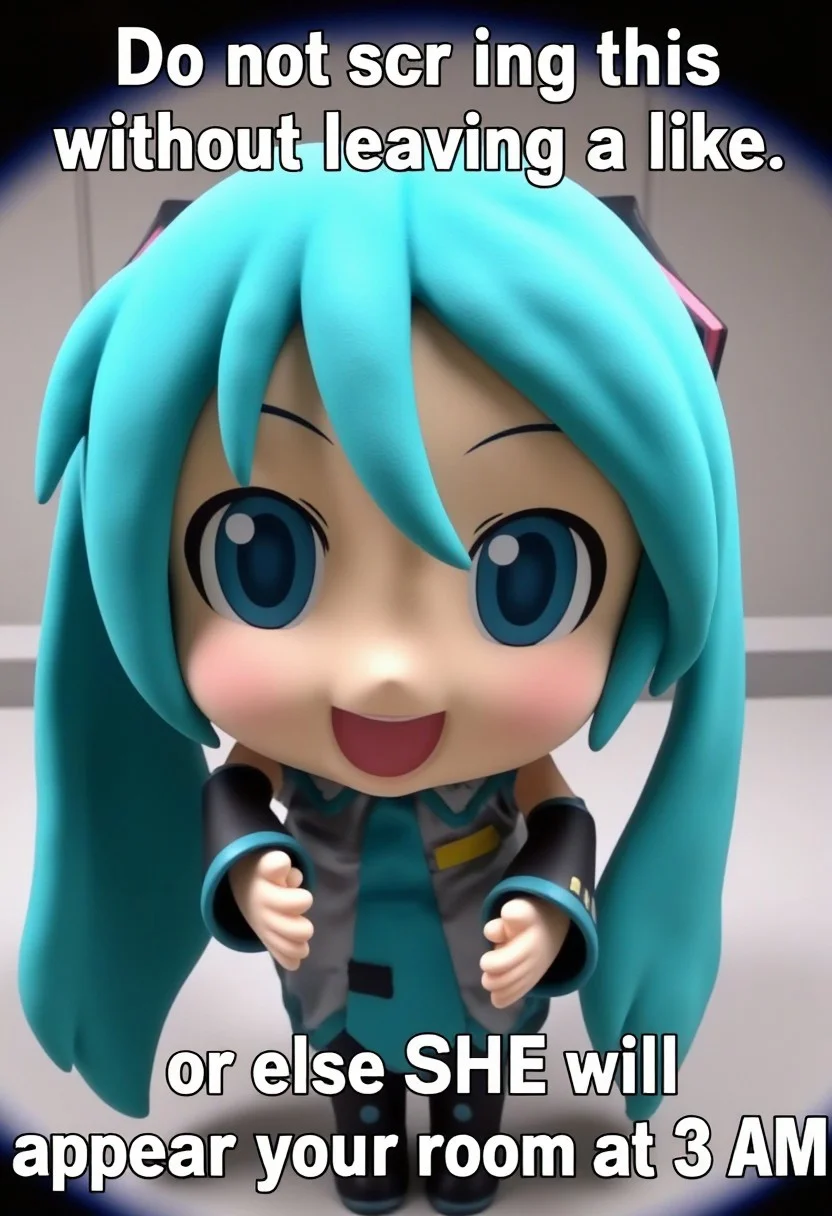 Image captioned with text on top that says "Do not scroll past this without leaving a like", bottom text that says "or else SHE will appear in your room at 3 AM". A realistic, fish-eye lens photograph of MikuDayo, a chibi doll with long aqua hair and aqua eyes. She is very close to the camera, looking straight at it.