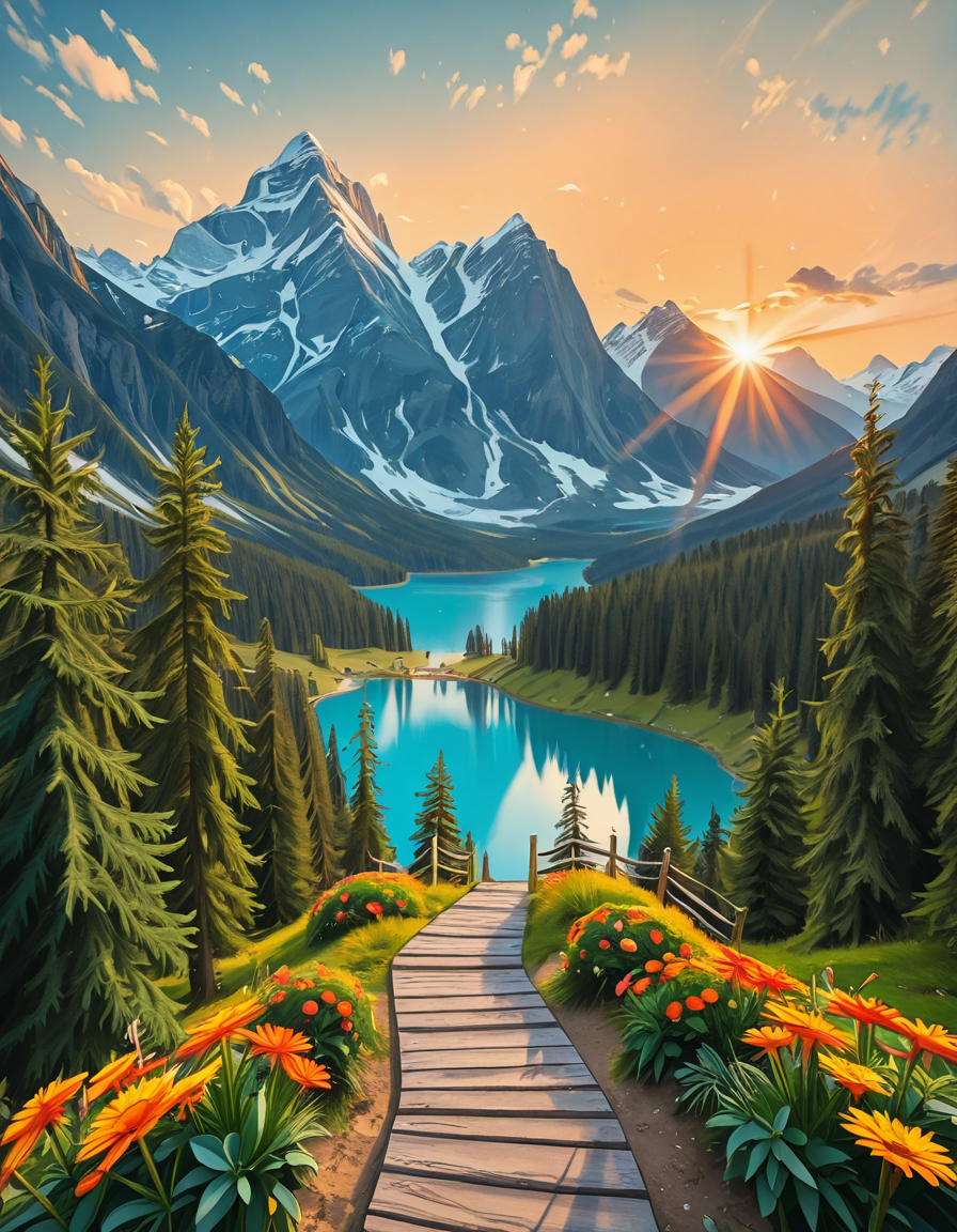 A breathtaking, high-resolution photograph of the most beautiful place on Earth, where natureâs wonders blend in perfect harmony. Towering, snow-capped mountains rise majestically in the background, their peaks glowing under the golden hues of a setting sun. Below, a crystal-clear turquoise lake reflects the colors of the sky, surrounded by lush, green forests filled with ancient trees, vibrant wildflowers, and cascading waterfalls. A soft mist rises from the valley, adding a dreamlike quality to the scene. In the distance, rolling meadows stretch toward the horizon, dotted with colorful flowers and serene wildlifeâgraceful deer grazing, birds soaring in the sky, and butterflies dancing in the breeze. A wooden footpath winds through the landscape, leading to a secluded, tranquil spot where the beauty of nature can be fully admired. The air is crisp and filled with the soothing sounds of rustling leaves, flowing water, and distant birdsong. The sky above is a masterpiece of colorsâdeep oranges, purples, and pinks blending seamlessly as the sun sets, casting a magical glow over this untouched paradise. The atmosphere is peaceful, awe-inspiring, and filled with a deep sense of wonder and tranquility, as if stepping into a perfect dream.
<lora:SDXLFaeTastic2400:0.4> <lora:extremely_detailed:0.4> extremely detailed,Earth P4r4d1s3, <lora:Earth_P4r4d1s3-i:1>, Masterpiece,best quality,hi res,8k,hi res,8k,award winning,(sharp focus, intricate, highly detailed),