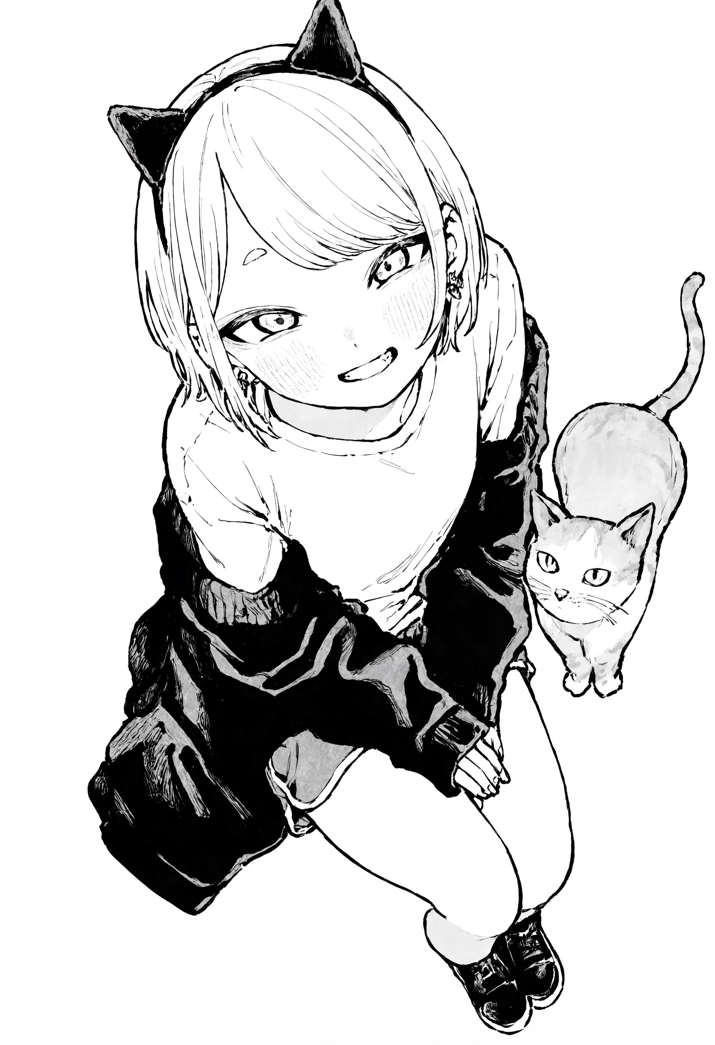 masterpiece, highres, absurdres, newest, very awa, monochrome, greyscale,  1girl, solo, short hair, swept bangs, white hair, cat ear hairband, small eyebrows, off-shoulder jacket, black jacket, white shirt, dolphin shorts, black footwear, sleeves past wrists, earrings,   sitting, own hands together, hands on own thighs, legs together, high angle, looking up at viewer, grin, leaning forward, cat,  

<lora:spo_sdxl_10ep_4k-data_lora_webui>,  <lora:NOOB_EPSv1_1_detailer_by_vlnvk_v1_0>, <lora:noobai_ep11_stabilizer_v0.30_fp16>, <lora:ihsuta3:0.8>