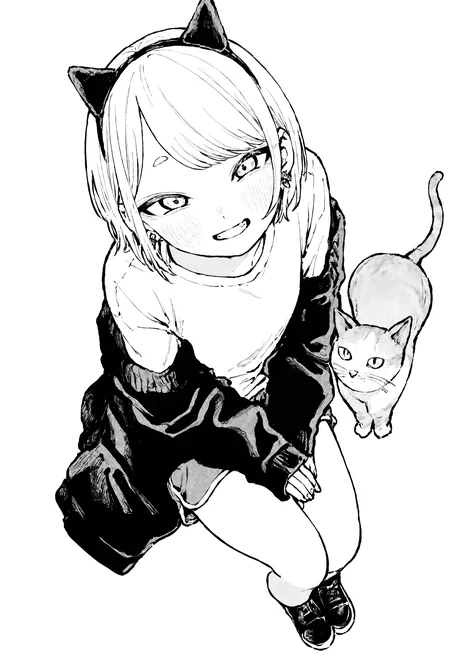 masterpiece, highres, absurdres, newest, very awa, monochrome, greyscale, 1girl, solo, short hair, swept bangs, white hair, cat ear hairband, small eyebrows, off-shoulder jacket, black jacket, white shirt, dolphin shorts, black footwear, sleeves past wrists, earrings, sitting, own hands together, hands on own thighs, legs together, high angle, looking up at viewer, grin, leaning forward, cat,
<lora:spo_sdxl_10ep_4k-data_lora_webui>, <lora:NOOB_EPSv1_1_detailer_by_vlnvk_v1_0>, <lora:noobai_ep11_stabilizer_v0.30_fp16>, <lora:ihsuta3:0.8>