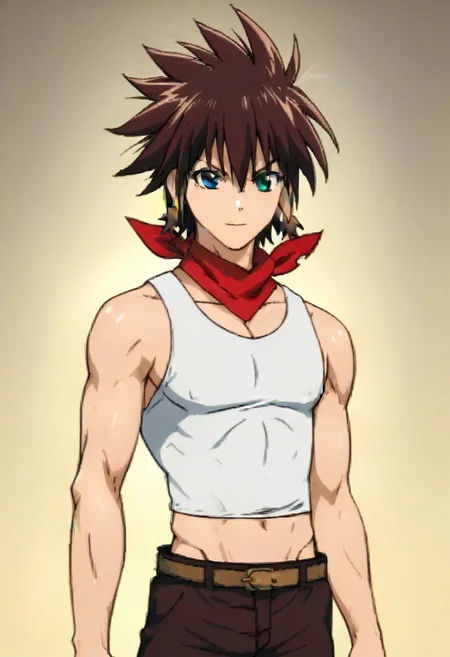 ((masterpiece)), ((best quality)), ((ultra-detailed)), score_9_up, score_8_up, score_7_up, HD, top quality, best quality, High-quality illustrations, anime screencap, perfect anatomy, 1male, 1boy, solo male, male focus, anime, anime boy, male anime character, cute, tall, tall body, tall height, ((thin body, slim body, slender body)), Momou Inugami, brown hair, spiky hair, blue right eye, green left eye, white tank top, neck red bandana, midriff, belt, brown pants, cowboy shot, head to hips shot