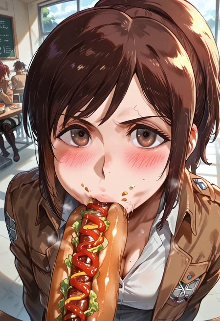 safe_pos, masterpiece, best quality, BREAK, dynamic angle, pov, 1girl, sashaaot, brown hair, brown eyes, ponytail, paradis military uniform, white shirt, cleavage, eating a hotdog, looking at viewer, blushing, spit, drool, food crumbs on face, cafeteria, table, detailed scenery