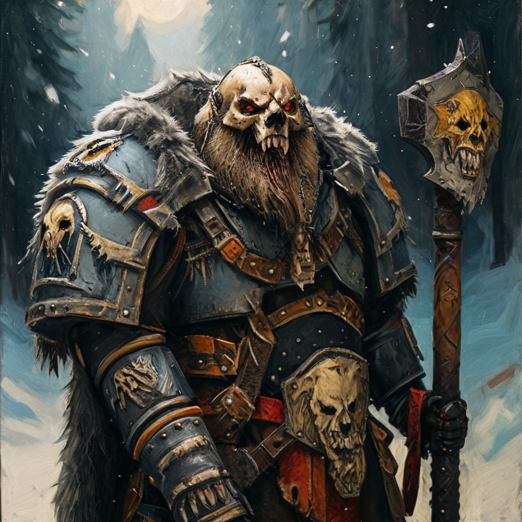 Space wolf warrior, wolf priest, chaplain, skull helmet, wolf skull helmet, wolf skull has a long snout that extends to the helmet mouth vent, the skull has fangs and glowing eyes, warrior with beard is in winter landscape, he is a werewolf space marine,  he as heavy scars, he has his huge runic hammer in his hands, portrait style, viking, norse, beard, clad in ripped furs and pieces of old worn space wolf armor, Black over black, top light, masterful painting in the style of Anders Zorn | Marco Mazzoni | Yuri Ivanovich, Todd McFarlane, oil on canvas
<lora:add-detail-xl:1> <lora:MJ52:0.5>