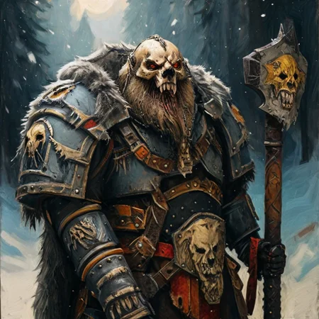 Space wolf warrior, wolf priest, chaplain, skull helmet, wolf skull helmet, wolf skull has a long snout that extends to the helmet mouth vent, the skull has fangs and glowing eyes, warrior with beard is in winter landscape, he is a werewolf space marine,  he as heavy scars, he has his huge runic hammer in his hands, portrait style, viking, norse, beard, clad in ripped furs and pieces of old worn space wolf armor, Black over black, top light, masterful painting in the style of Anders Zorn | Marco Mazzoni | Yuri Ivanovich, Todd McFarlane, oil on canvas
<lora:add-detail-xl:1> <lora:MJ52:0.5>