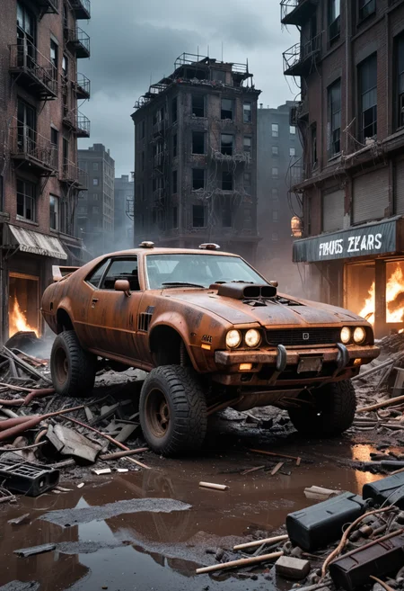 <lora:RMSDXL_Creative:2.5> a photo of a rusty tslas (zeekars), 3/4 front view, survival, post-apocalyptic, cyberpunk [fire, explossions:7] BREAK outdoors, night, destruction, urban decay, masterpiece, photorealistic, 8k, high detail, dark theme, BREAK , BREAK <lora:RMSDXL_Creative:2.5>