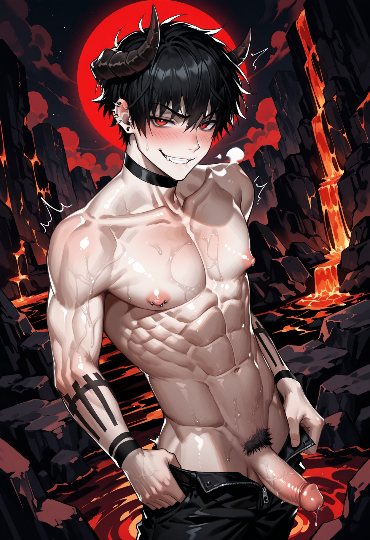 absurdres, masterpiece, best quality, very aesthetic, HDR, yaoi, detailed penis, laosmut, 
male focus, yaoi, gay, ((1boy, red eyes, demon horns, solo, solo focus, male focus,)), ( pale skin, pubic hair, black hair, earrings, choker, blush, tall, fit), 
BREAK, ((naked, black pants, unzipped pants, see through, muscular, nerdy boy, nipple piercings, puffy nipples)), (pulling down pants, hands on pants zipper, undoing zipper, undress, undressing,), twitching, white breath, smirk, looking at viewer, dynamic angle, dynamic posing, 
Detailed background, hell, red light, outside, lava,
<lora:add-detail-xl:0.8>, <lora:laosmustv2:1>