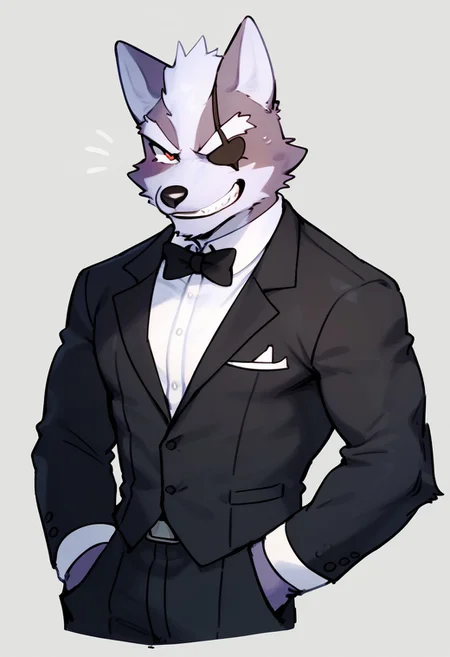 score_9, score_8_up, score_7_up, by bebebebe, by goonie-san, by washlet_mskm, rough lines, messy shading, 1boy, male focus, adult, mature male, broad shoulders, muscular, toned male, bara furry, rough lineart, male, solo, Wolf o'donnell, gray fur, red pupils, thick eyebrows, eyepatch, tuxedo, tuxedo suit, devilish grin, fancy setting, low lighting