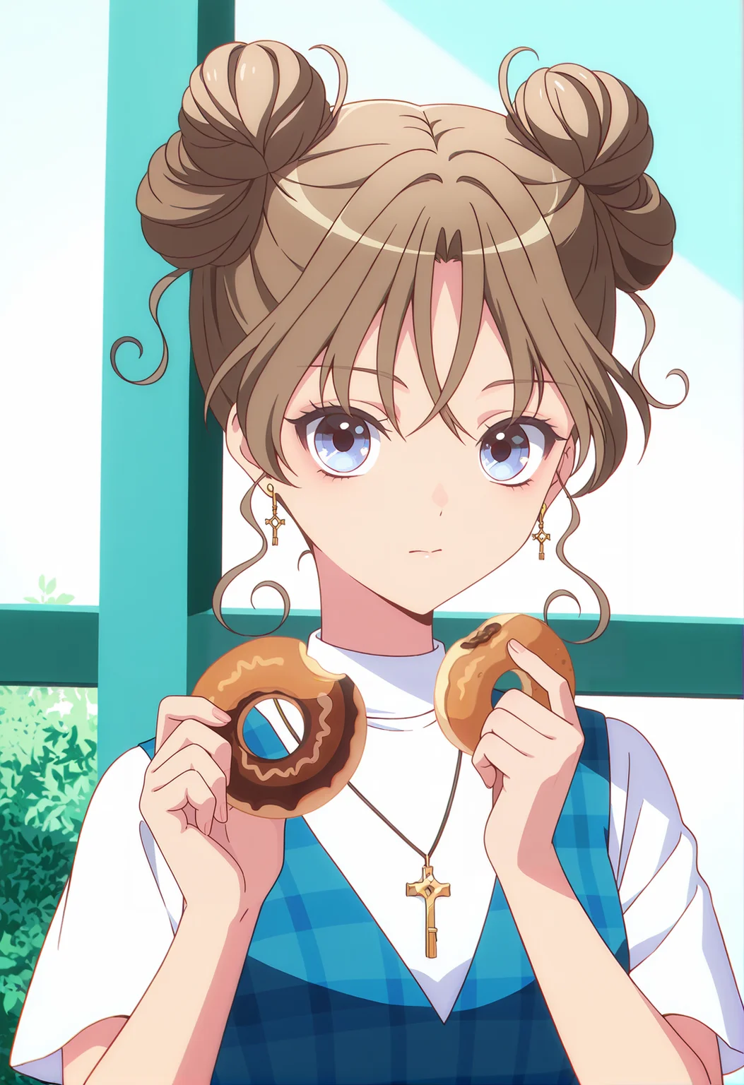 <lora:MAI KAMIIZUMI_illustrious-000038:1>,
MAI KAMIIZUMI, solo, jewelry, double bun, food, necklace, earrings, holding, shirt, holding food, upper body, white shirt, closed mouth, looking at viewer, short sleeves, plaid, cross, doughnut