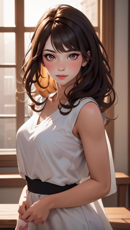 masterpiece, best quality, 1girl, standing, <lora:big_hair-1.0:1> big hair, mature female, blunt bangs, brown eyes, light brown hair, open window, flower, upper body,